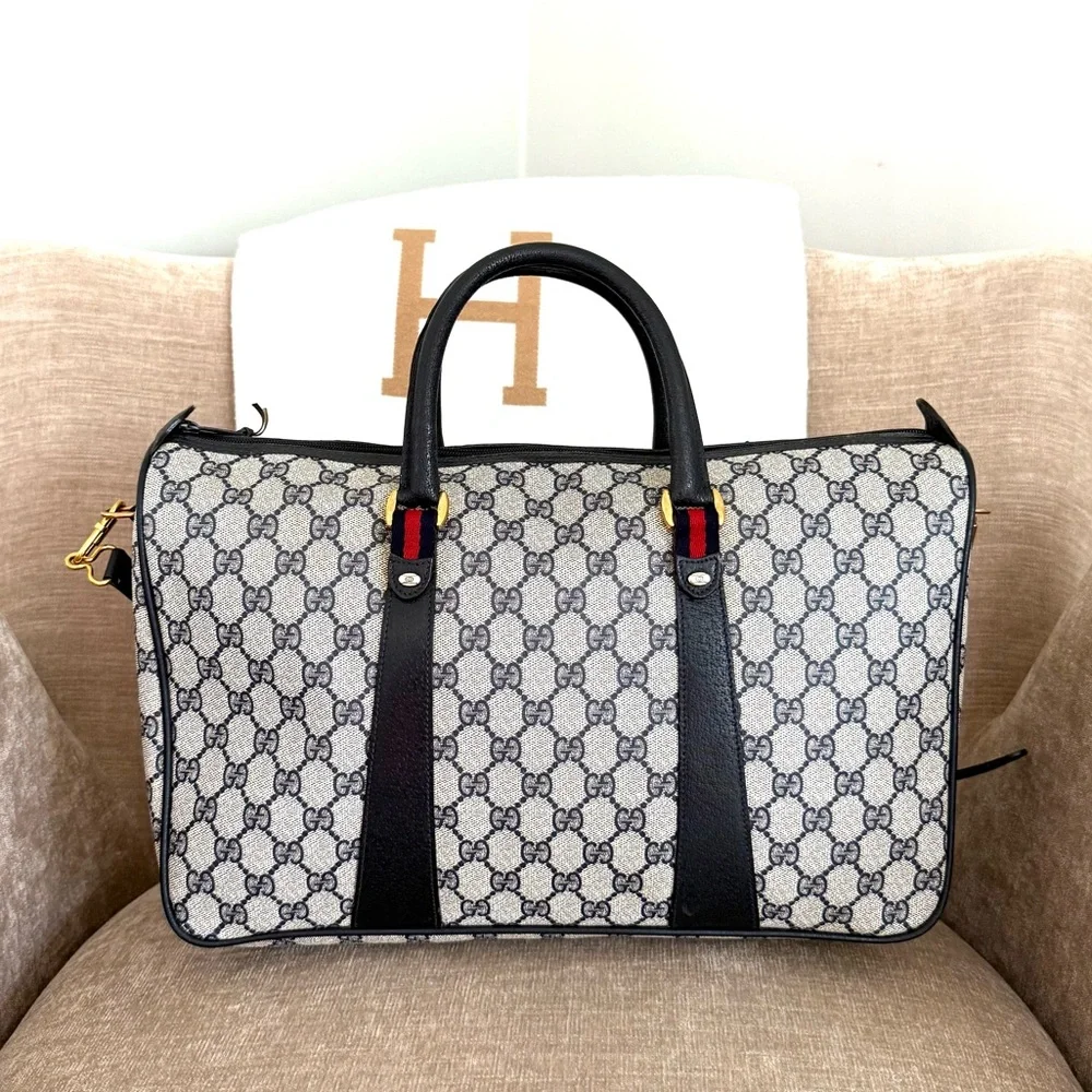 Authentic Gucci GG Supreme coated canvas  Boston Bag Satchel navy grey canvas